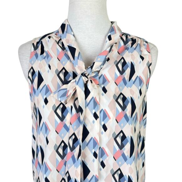 Rachel Zoe Geometric Print Pastel Colorful Tie Neck Sleeveless Blouse - Picture 5 of 11